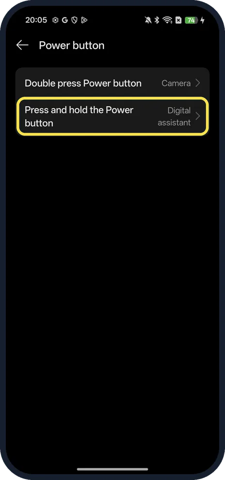 Android screenshot: Tap Press and hold the Power button