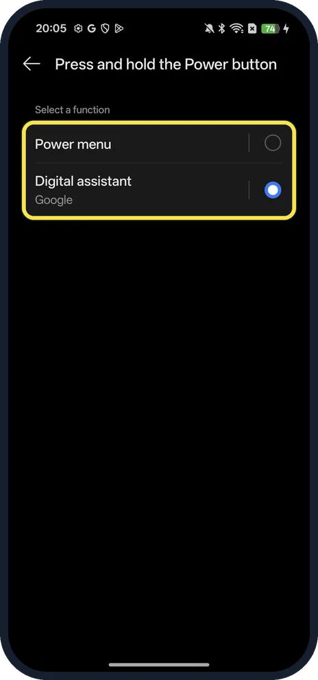 Android screenshot: Choose Power menu