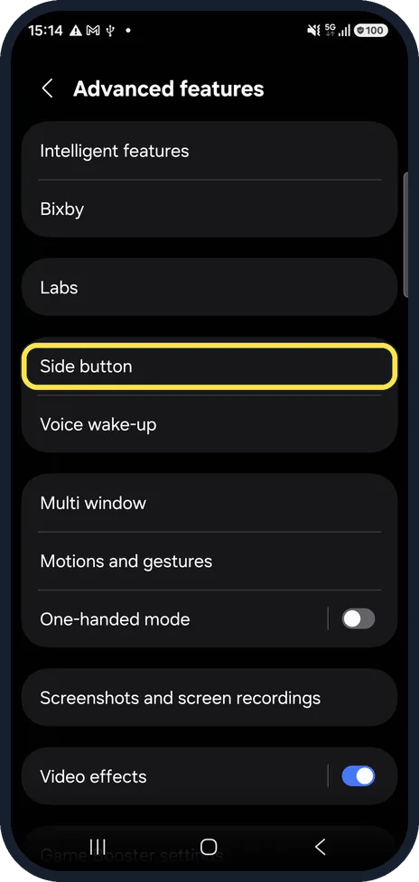 Android screenshot: Tap Side button