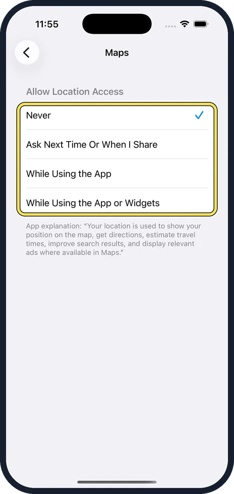 iPhone screen: Choose when it may use your location