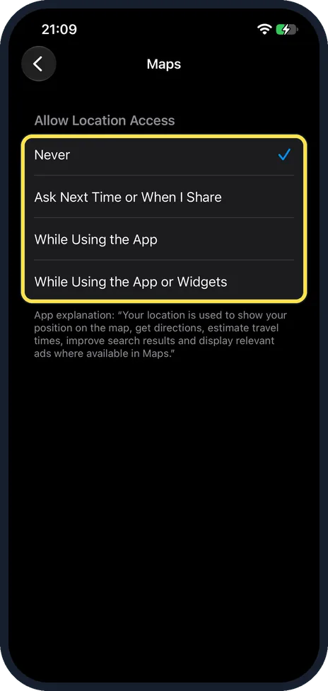iPhone screen: Choose when it may use your location