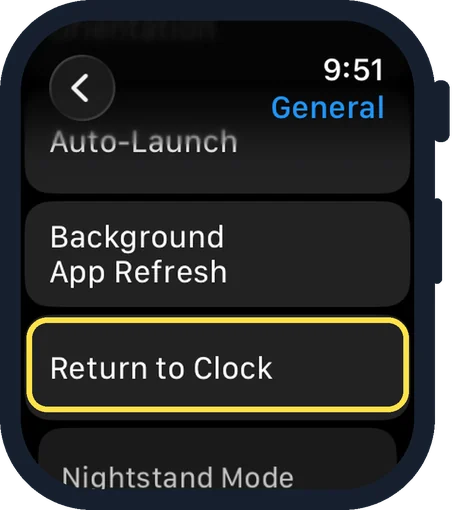 Apple Watch screen: Scroll down and tap Return to Clock
