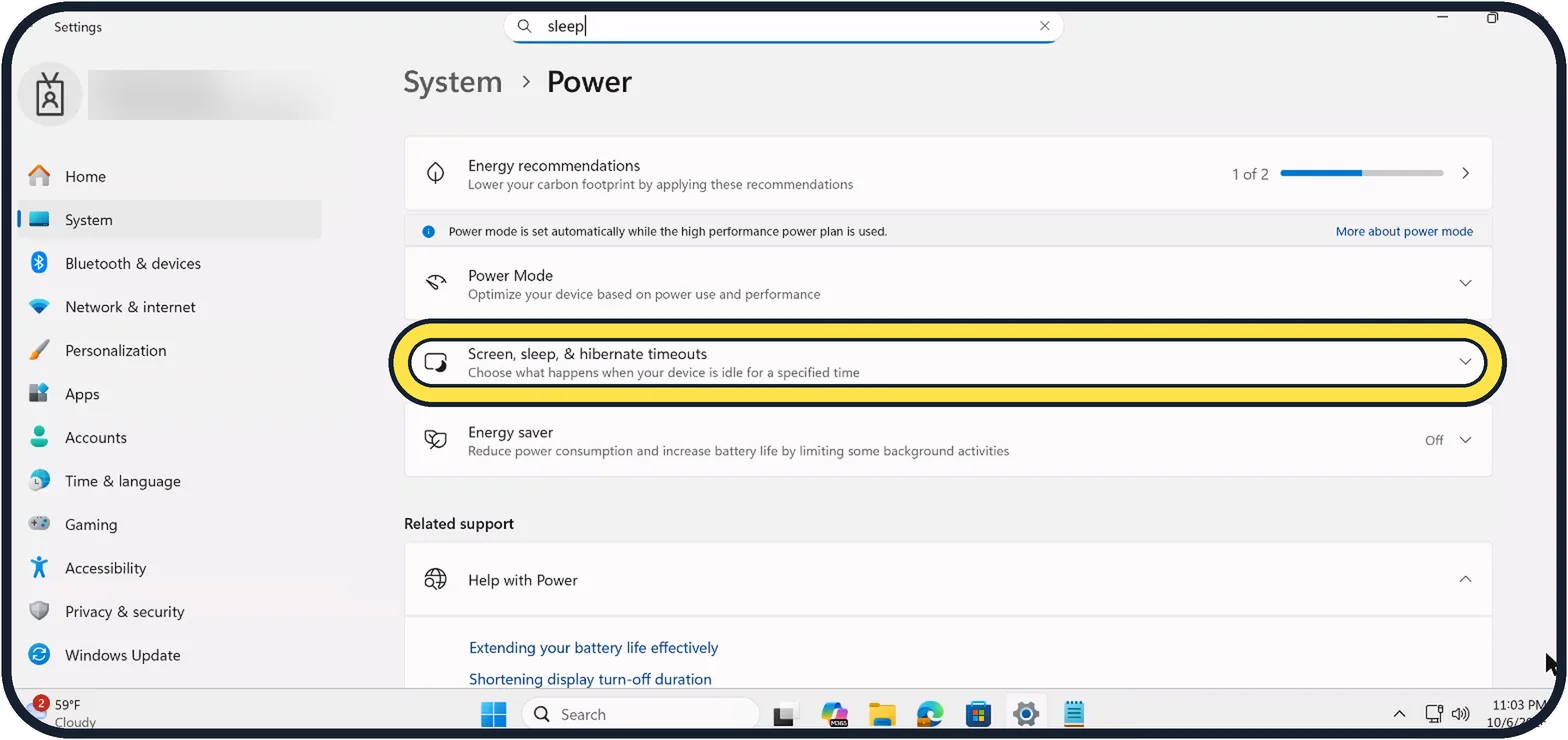 Screenshot from the guide: How to change when the screen turns off on Windows 11