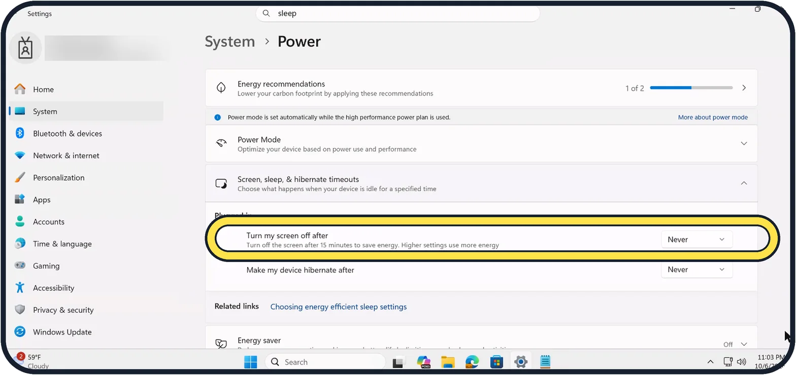 Windows screenshot: Find Turn my screen off after