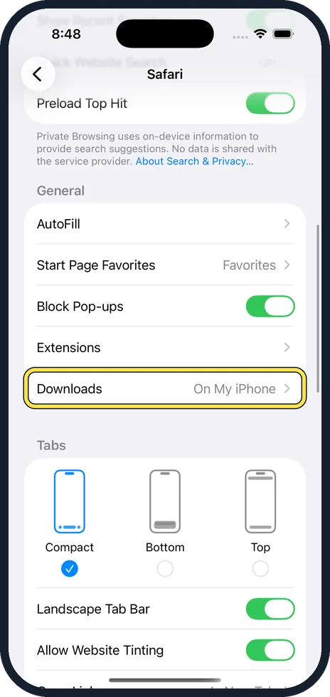 iPhone screen: Scroll to General and tap Downloads
