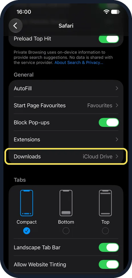 iPhone screen: Scroll to General and tap Downloads