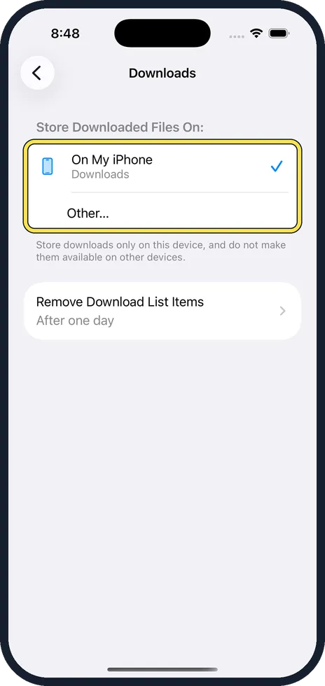 iPhone screen: Choose where downloads are stored