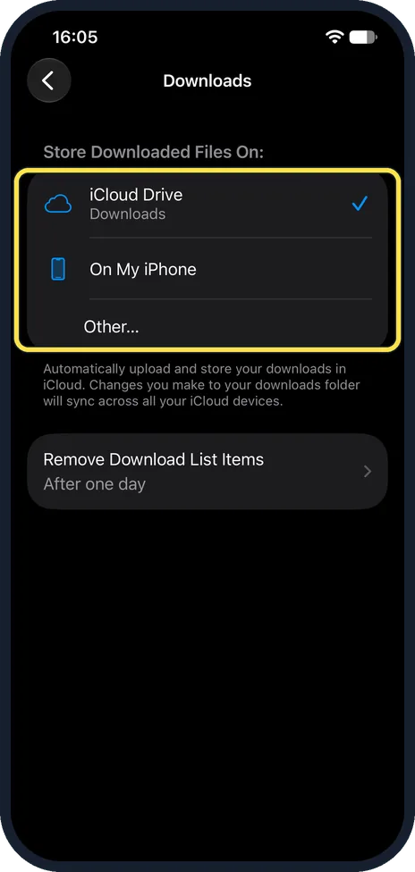 iPhone screen: Choose where downloads are stored