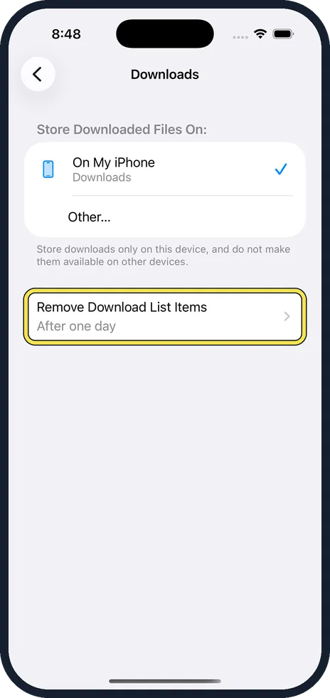 iPhone screen: Decide when the download list is cleared