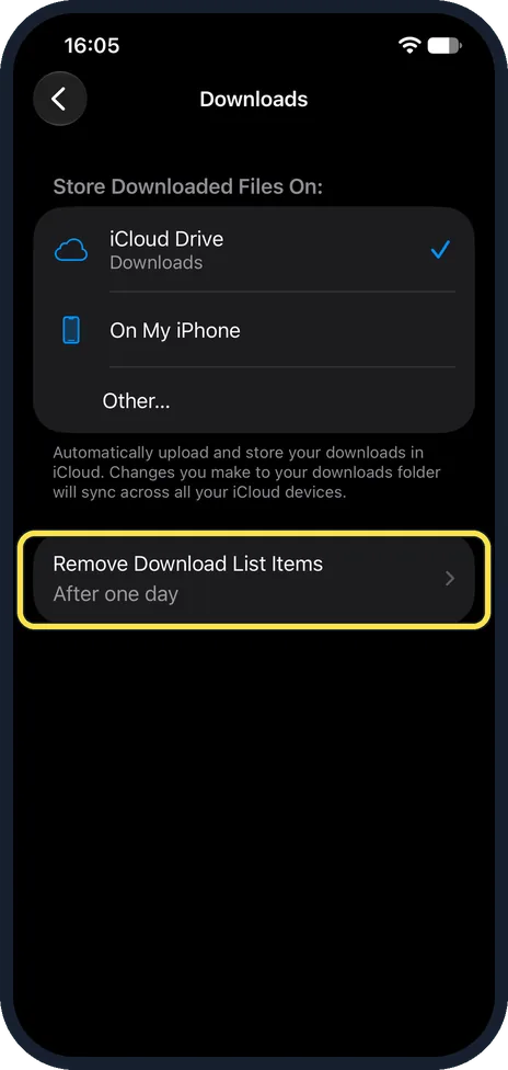 iPhone screen: Decide when the download list is cleared