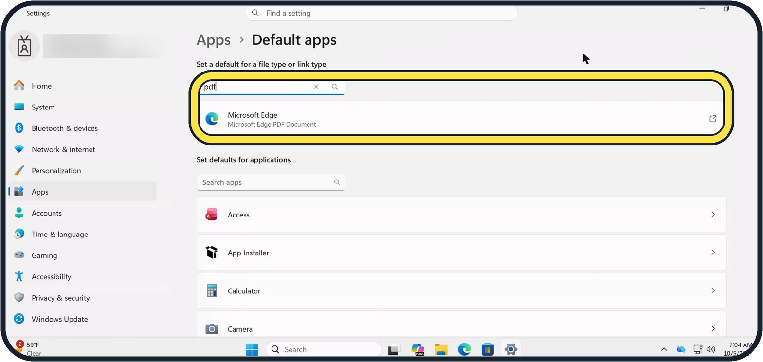 Windows screenshot: Set the default by file type