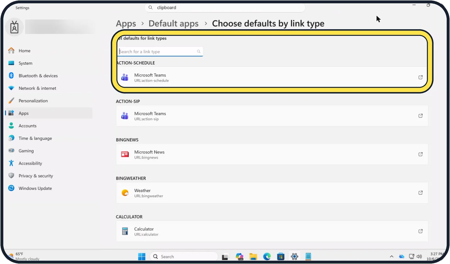 Windows screenshot: Set the default by link type