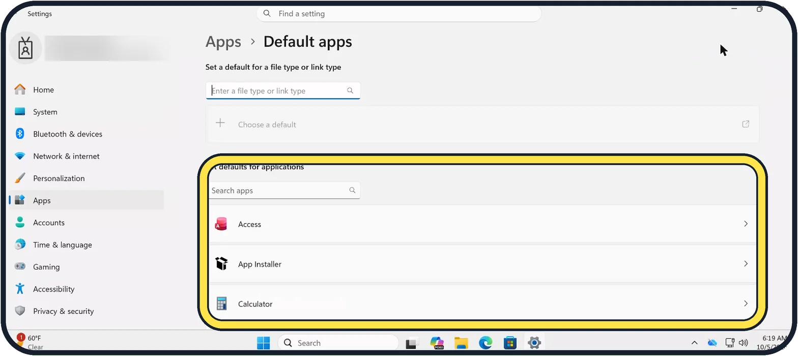 Windows screenshot: Set the defaults by app