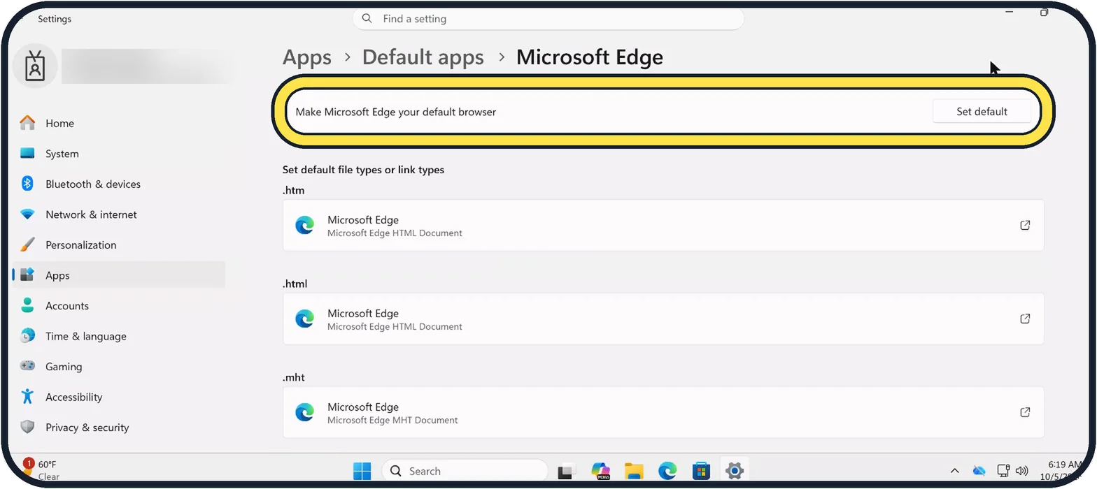 Windows screenshot: Make a browser the default in one step