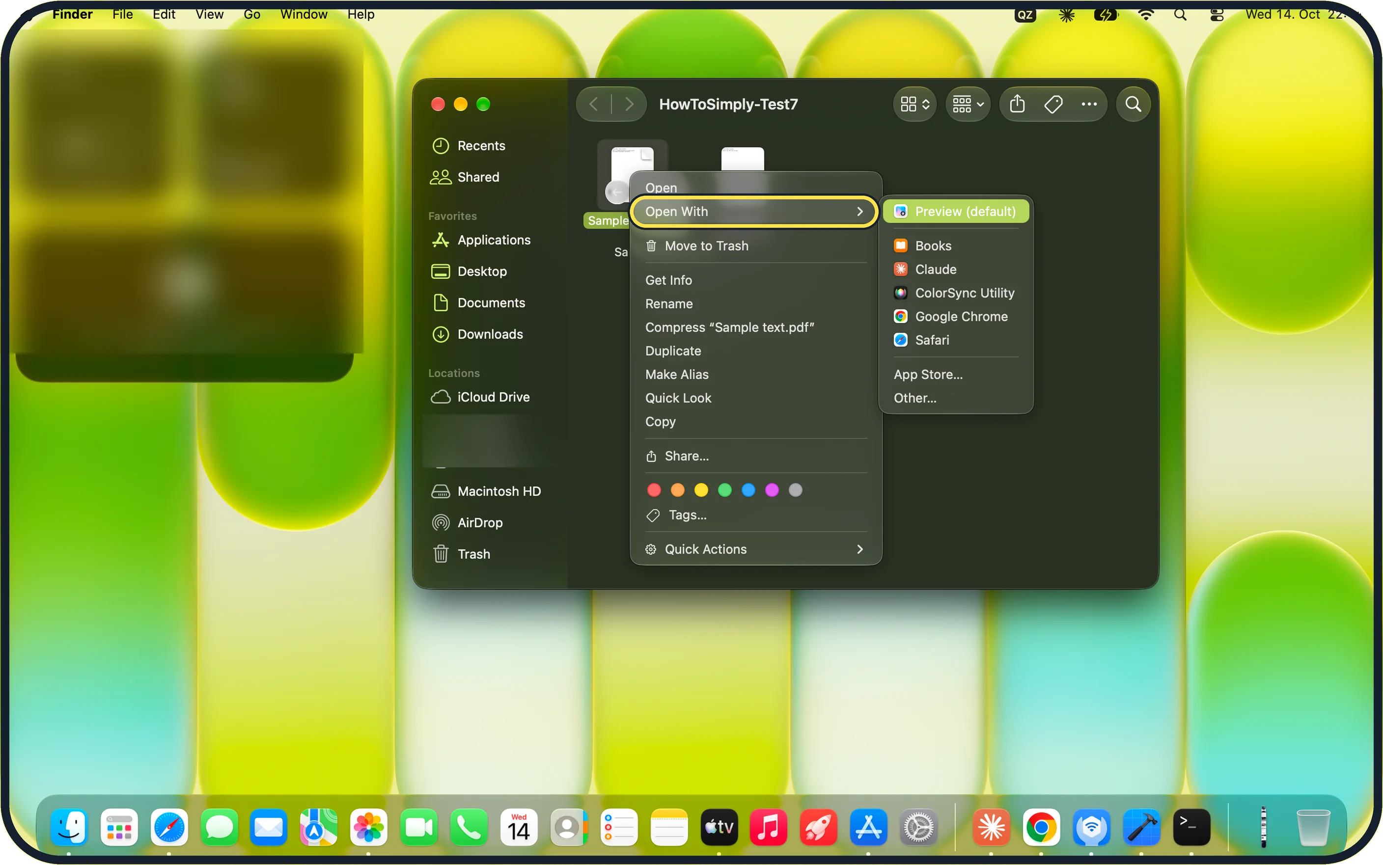 Mac screenshot: To open a file once with another app, use Open With