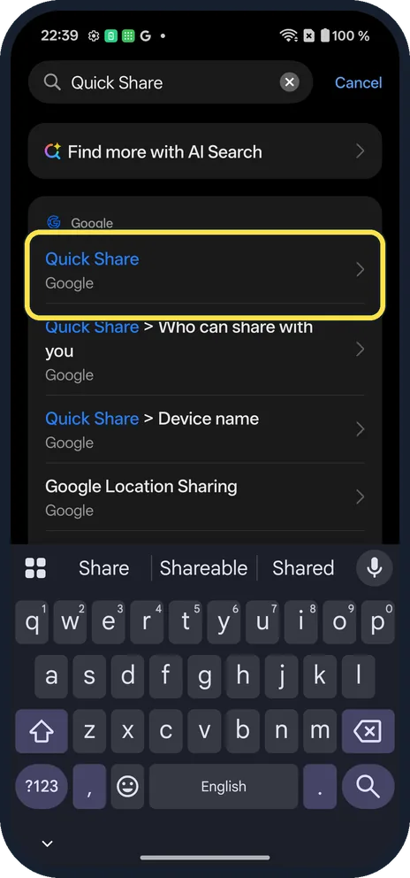 Screenshot from the guide: How to change who can send you files with Quick Share on a OnePlus