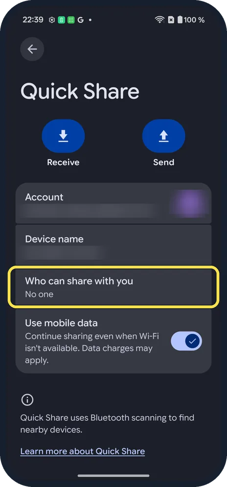 Android screenshot: Tap Who can share with you