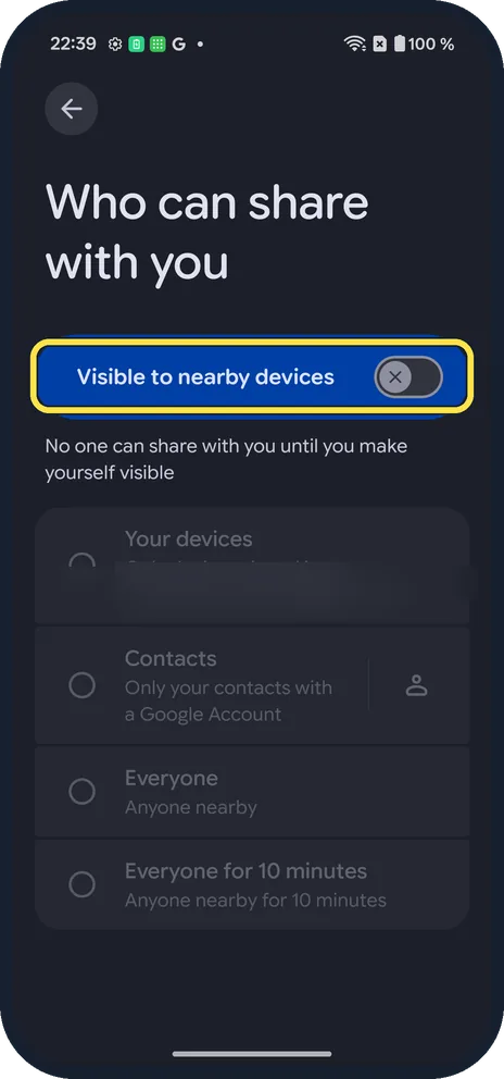 Android screenshot: Turn on visibility