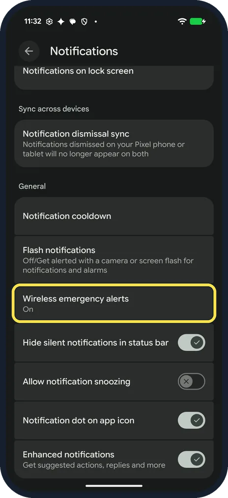 Screenshot from the guide: How to change wireless emergency alert settings on a Google Pixel (Android 17)