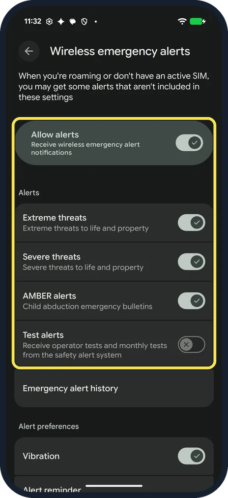 Android screenshot: Allow alerts and pick the alerts