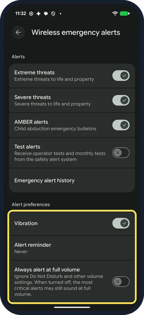 Android screenshot: Set the alert preferences