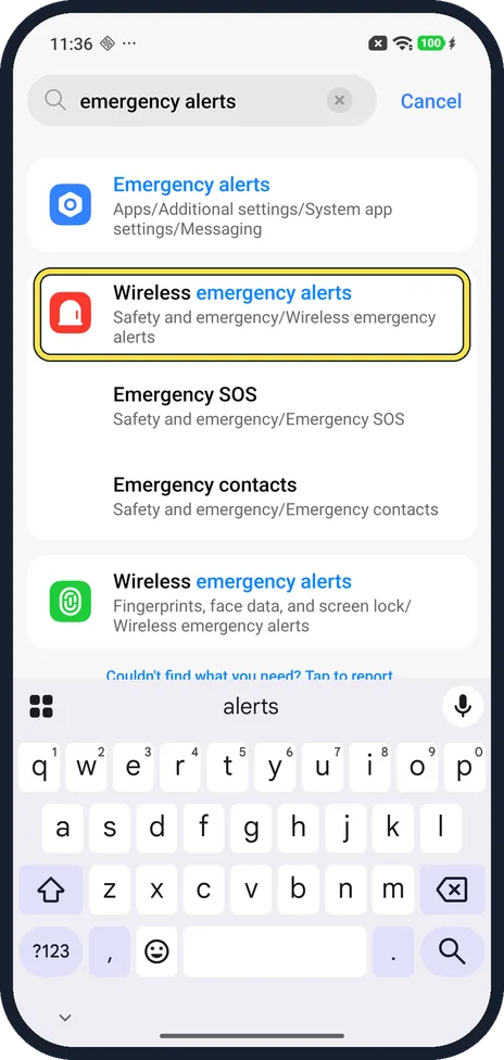 Screenshot from the guide: How to change wireless emergency alert settings on a Xiaomi phone (HyperOS 3)