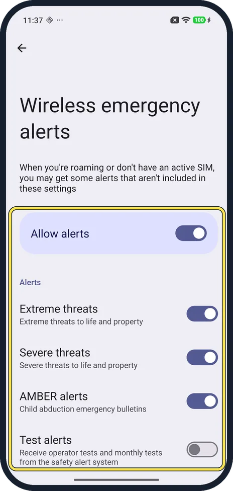 Android screenshot: Allow alerts and pick the alerts