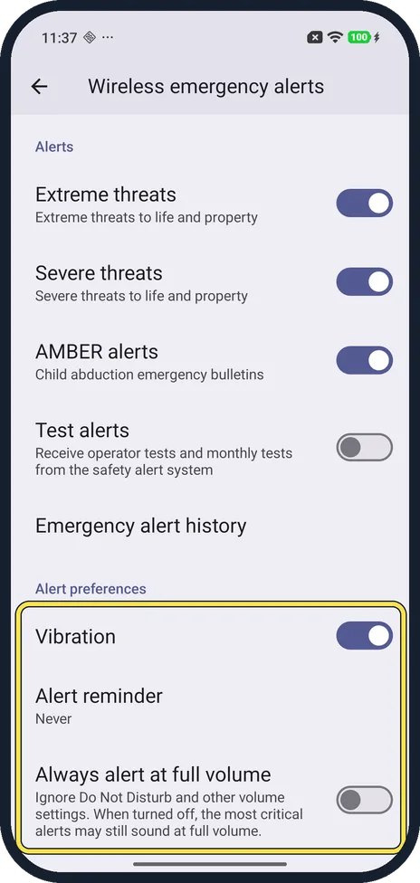 Android screenshot: Set the alert preferences