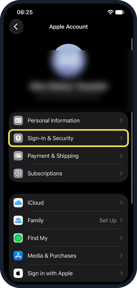 iPhone screen: Tap Sign-In & Security