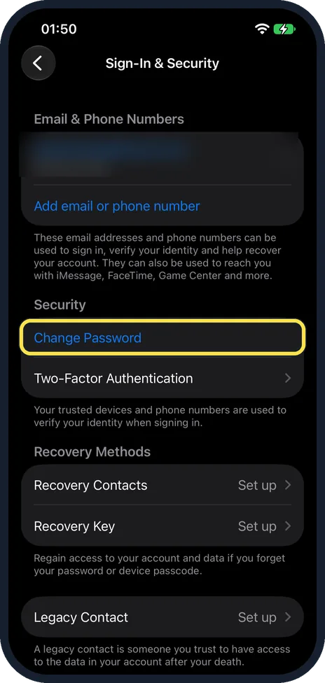 iPhone screen: Tap Change Password