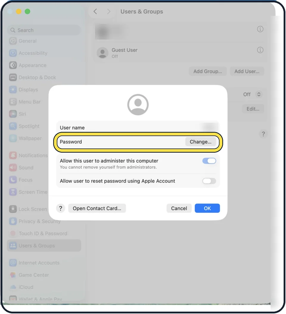 Mac screenshot: Click Change next to Password