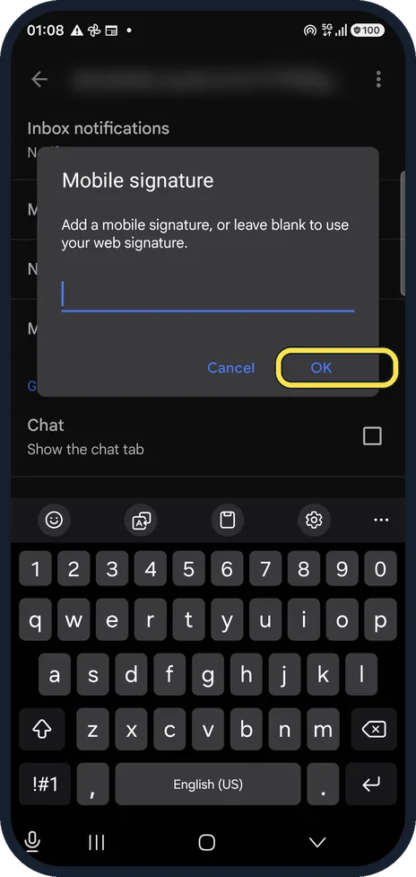 Android screenshot: Tap OK