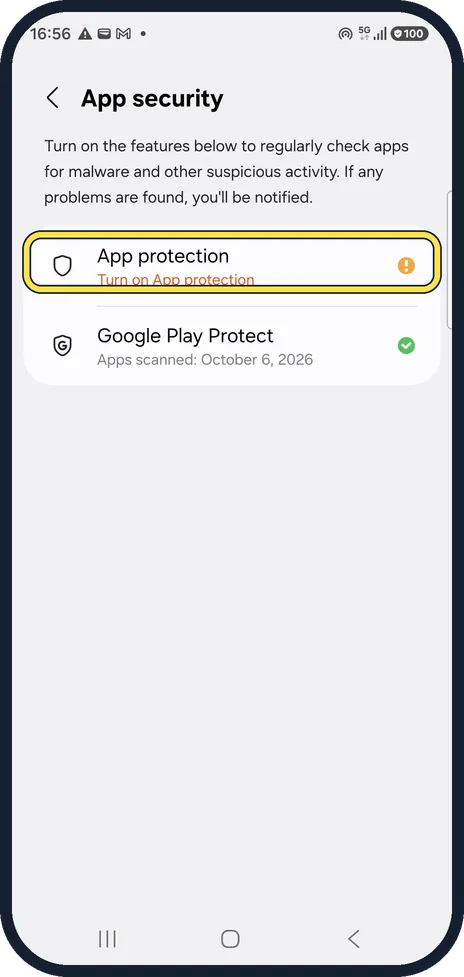 Android screenshot: Turn on Samsung App protection