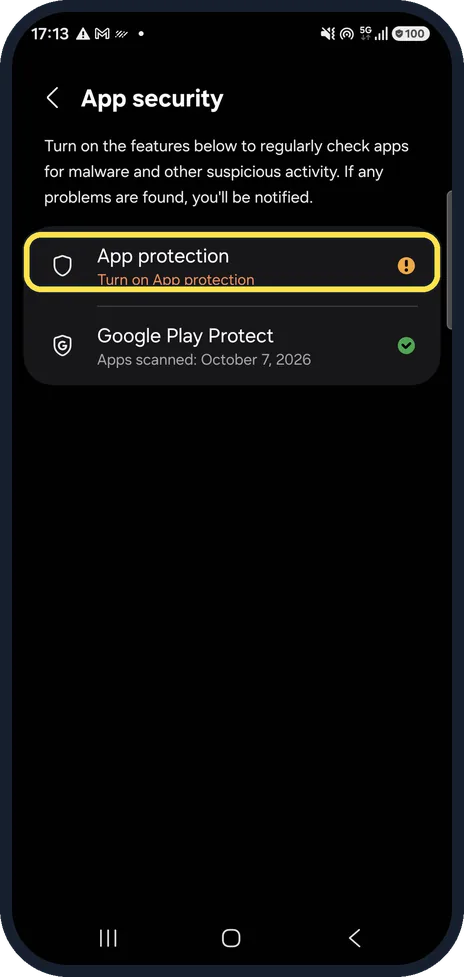 Android screenshot: Turn on Samsung App protection
