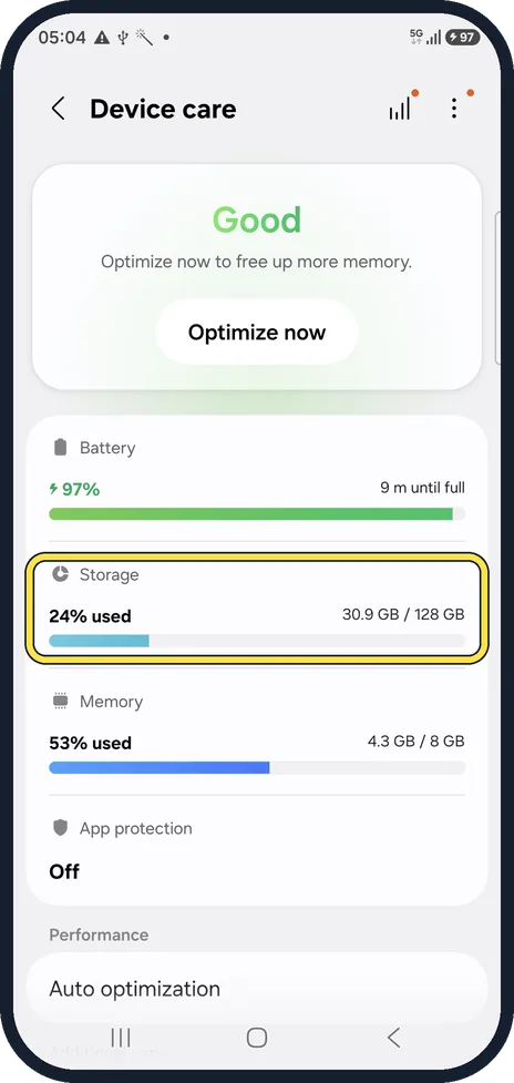 Android screenshot: Open Device care