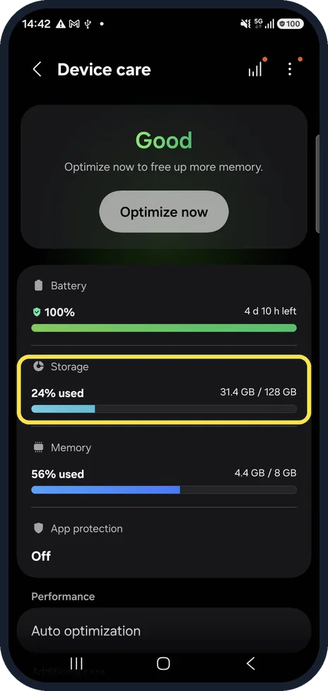 Android screenshot: Open Device care
