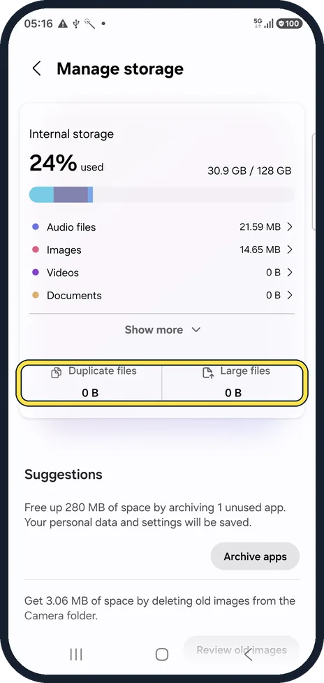 Android screenshot: Remove duplicates and large files