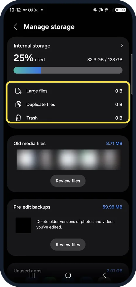 Android screenshot: Remove duplicates and large files