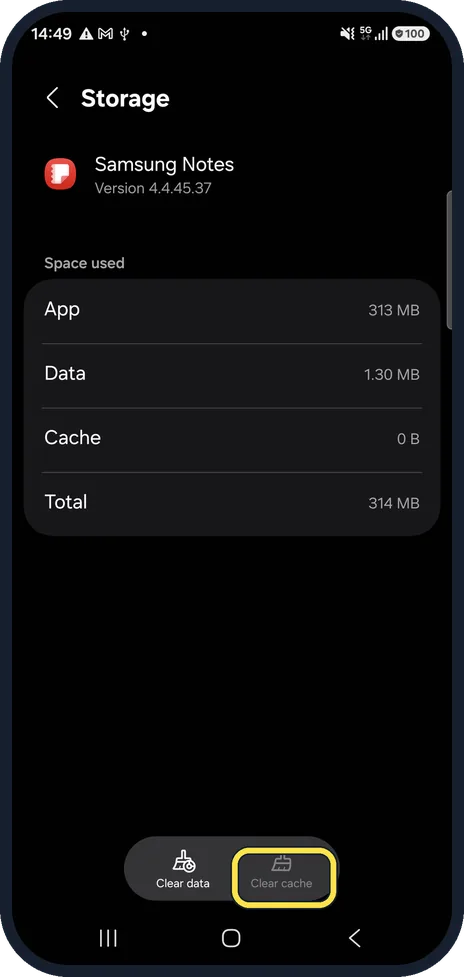 Android screenshot: Clear an app's cache