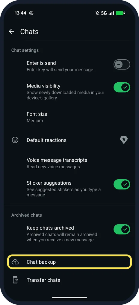 Android screenshot: Tap Chat backup