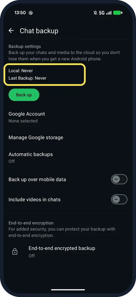 Android screenshot: Check Last Backup
