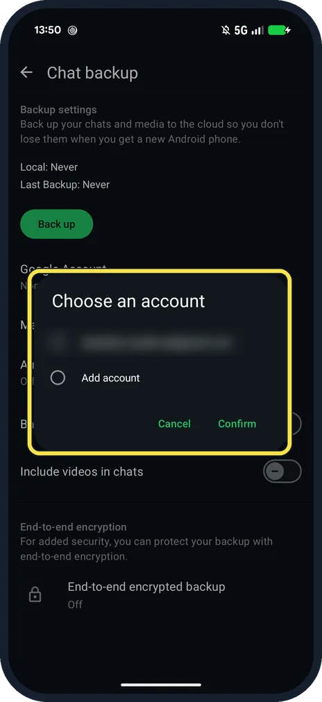 Android screenshot: Tap Google Account and choose one