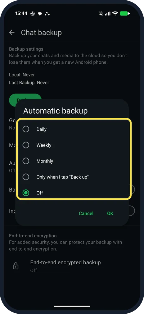 Android screenshot: Tap Automatic backups and pick how often