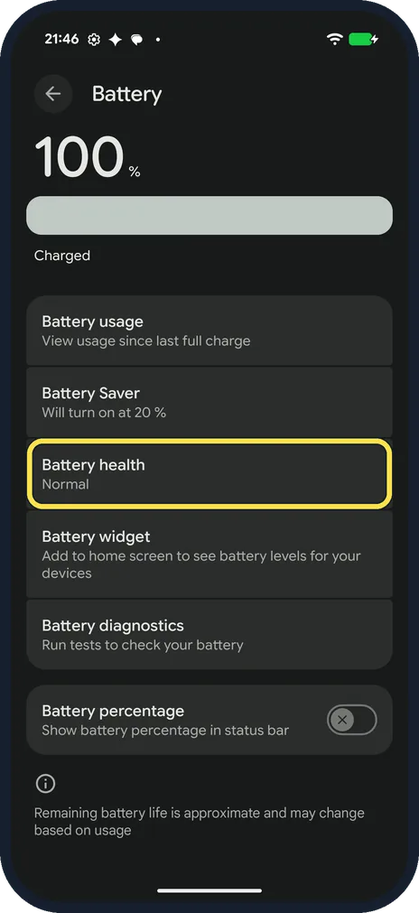 Screenshot from the guide: How to check battery health on a Google Pixel (Android 17)