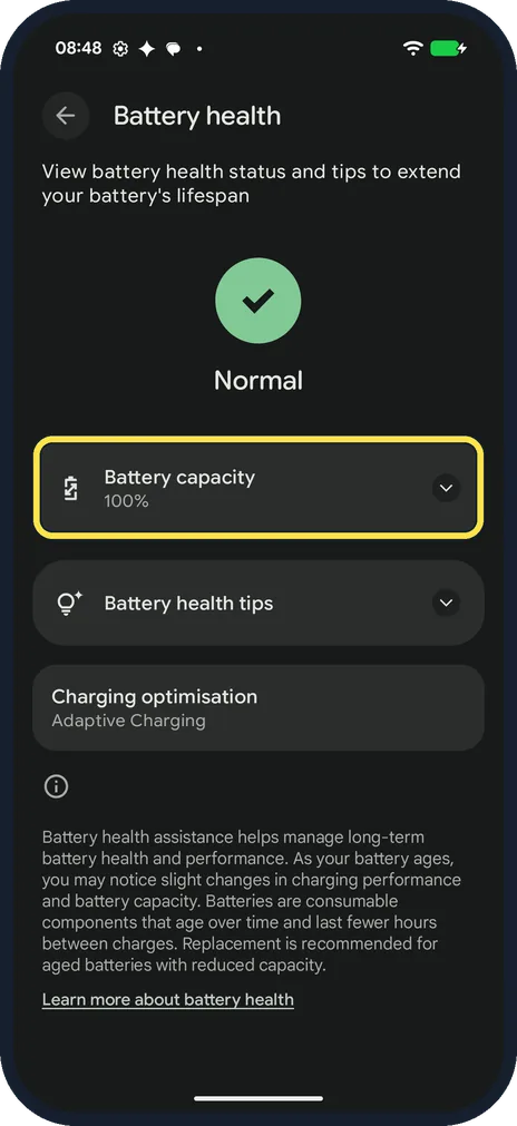 Android screenshot: Tap Battery capacity