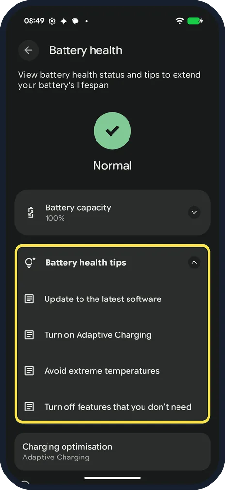 Android screenshot: Open Battery health tips