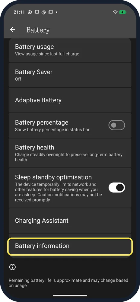 Android screenshot: Tap Battery information