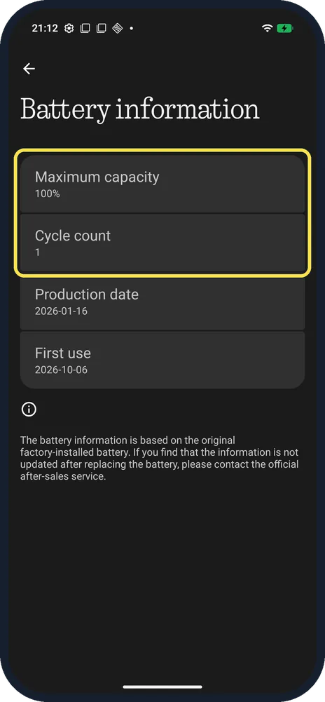 Android screenshot: Read capacity and cycle count