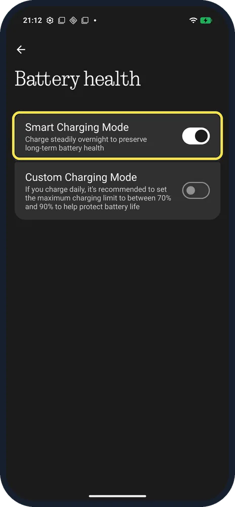 Android screenshot: Leave Smart Charging Mode on