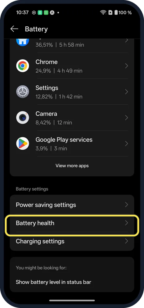 Android screenshot: Open Battery health